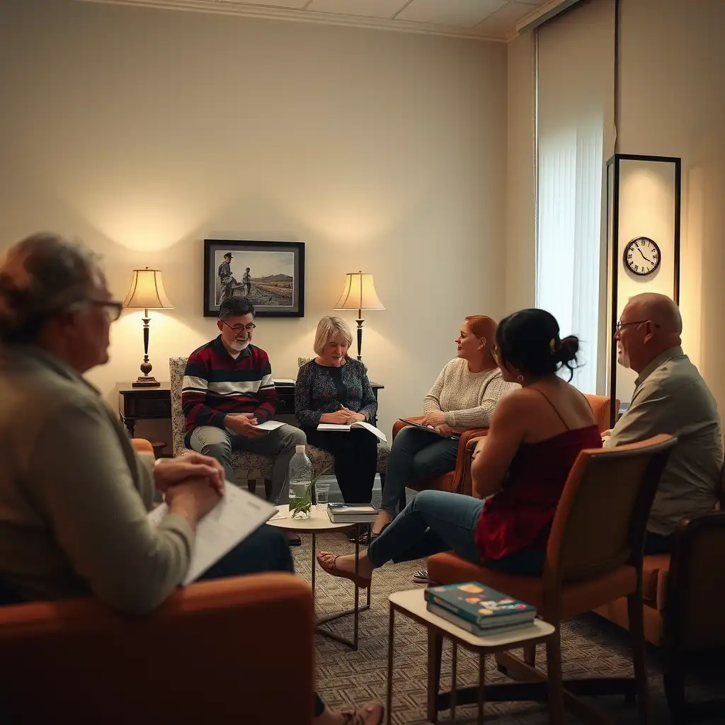 A diverse group of veterans engaged in a supportive discussion in a softly lit room, surrounded by educational materials on mental health and wellness, conveying compassion and hope for those facing eating disorders.