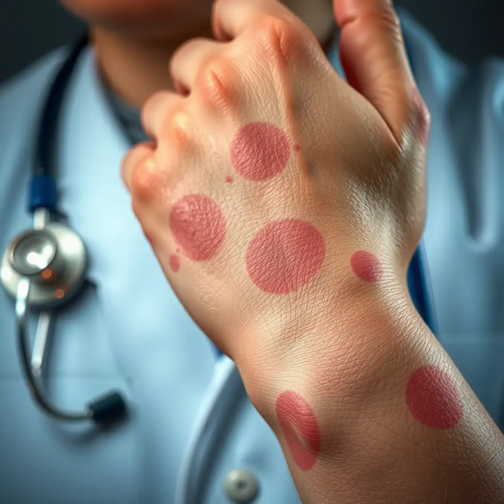 Close-up of skin affected by eczema, highlighting texture and symptoms, with a stethoscope and veteran's badge in the background, conveying support and understanding.