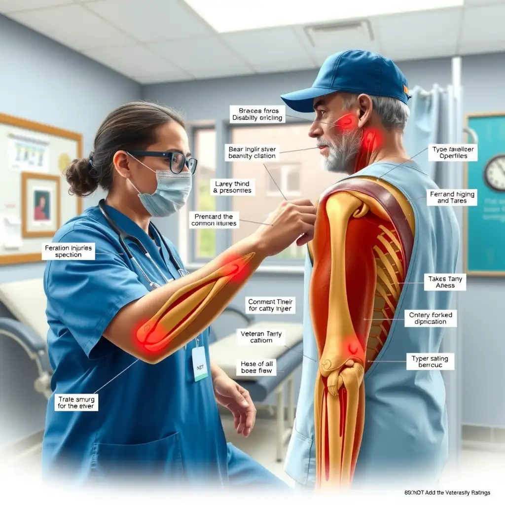 A healthcare professional discusses elbow and forearm anatomy with a veteran in a clinical setting, featuring labeled diagrams of common injuries and a supportive atmosphere.