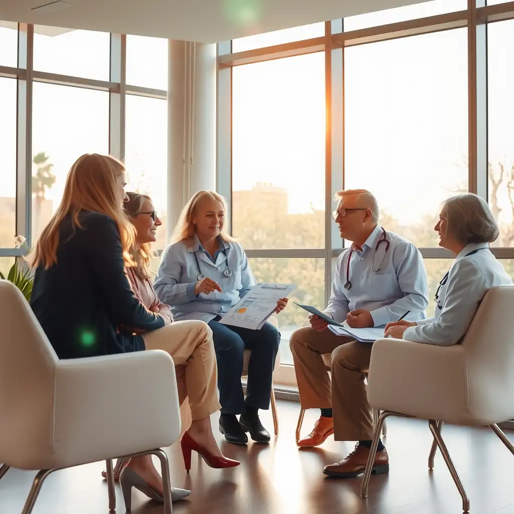 A diverse group of healthcare professionals engaged in a compassionate consultation, discussing medical charts and documents in a modern healthcare setting.