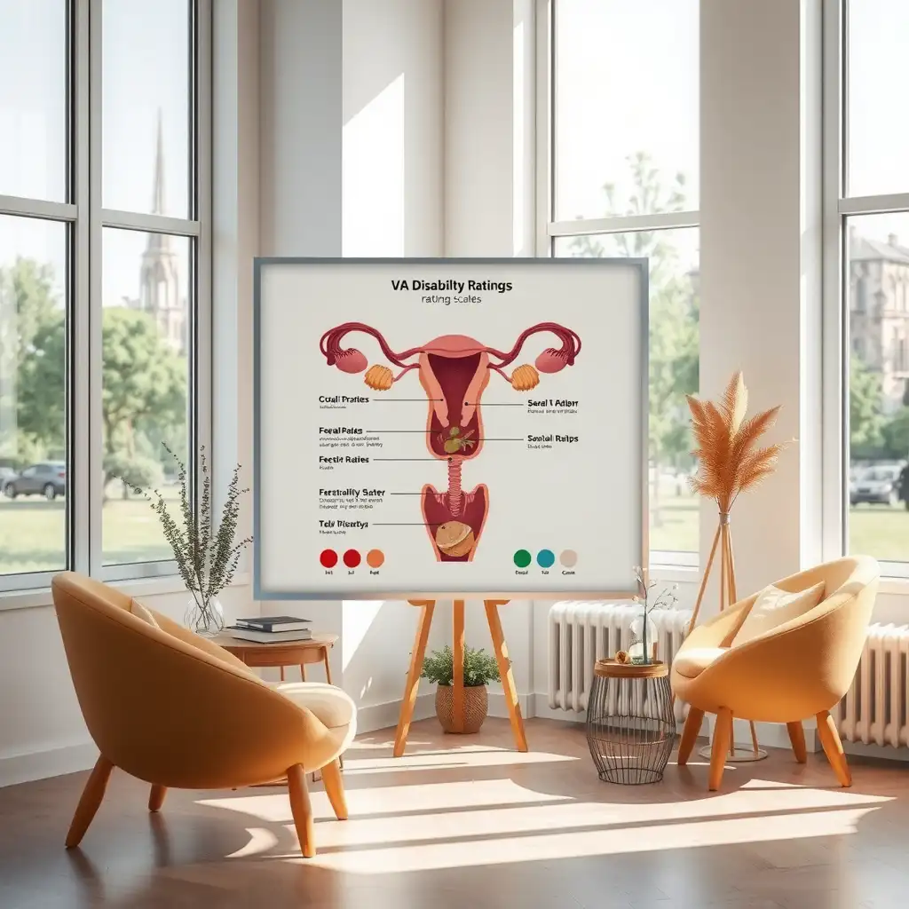 An illustration of the female reproductive system highlighting areas affected by endometriosis, accompanied by VA disability rating documents in a calming consultation room setting with supportive materials and cozy seating.