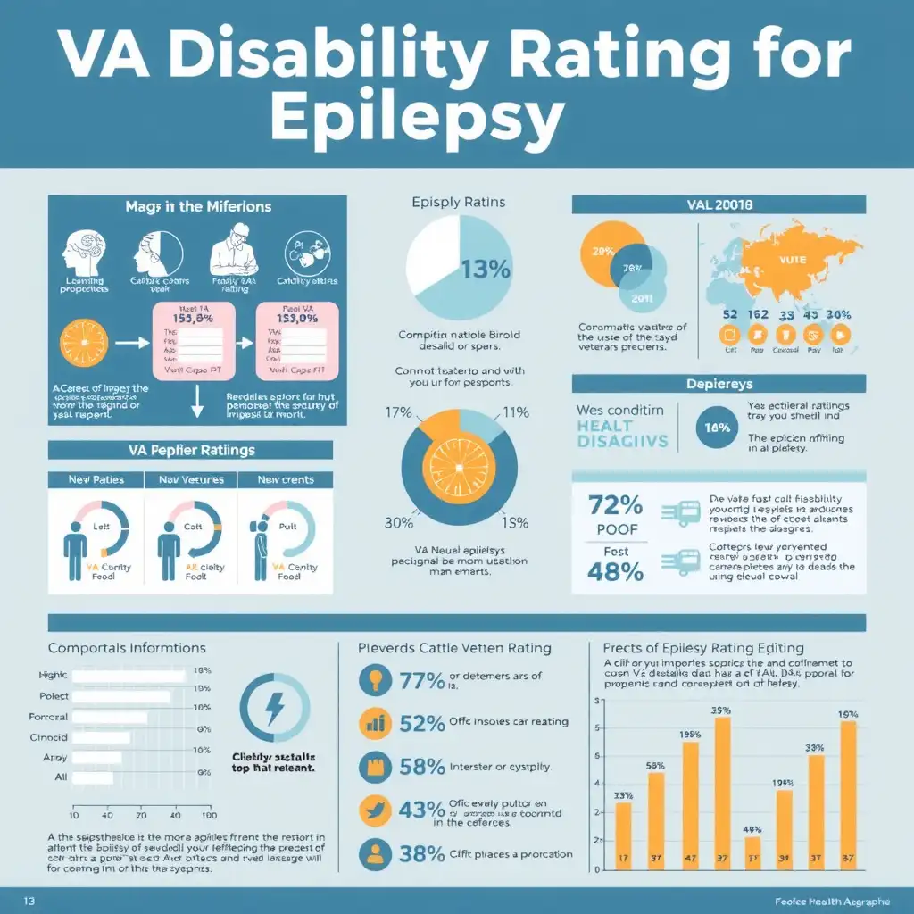 Infographic illustrating VA disability ratings for epilepsy, featuring diagrams of the rating process, visual representations of symptoms, and statistics on prevalence among veterans, using calming colors for clarity and engagement.