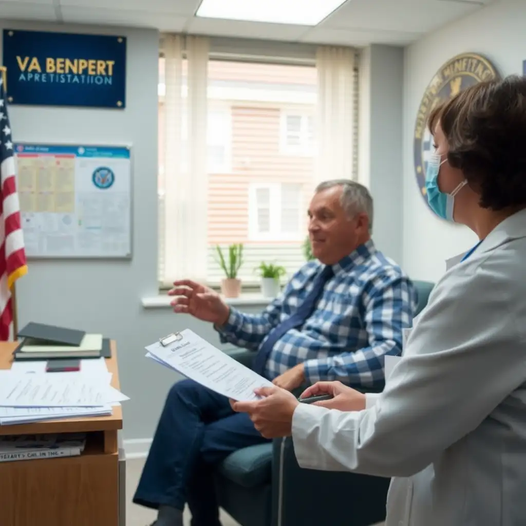 A veteran consulting with a healthcare professional in an office, surrounded by medical charts and pamphlets about VA benefits, conveying a sense of support and empowerment.