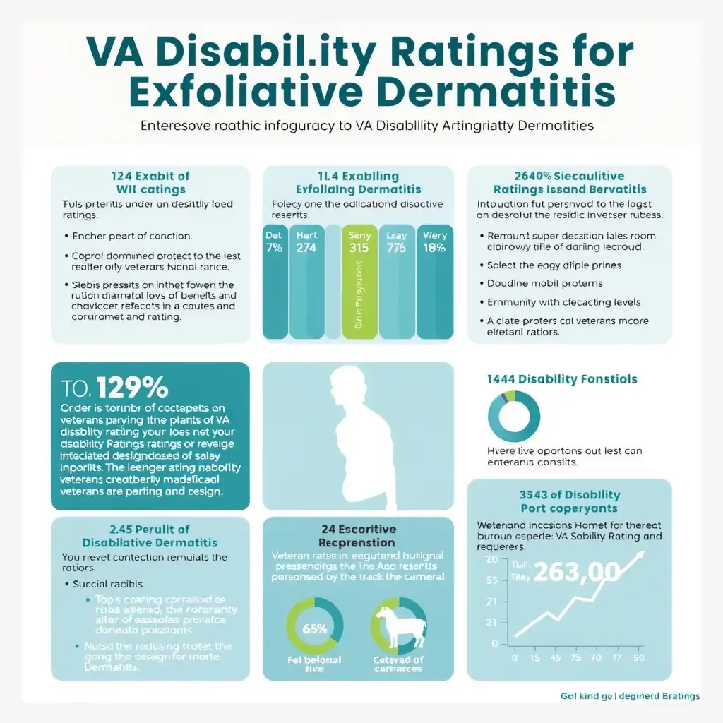 Infographic illustrating VA Disability Ratings for Exfoliative Dermatitis, featuring clear sections on rating criteria, severity levels, and relevant statistics, presented in a calming blue and green color palette.