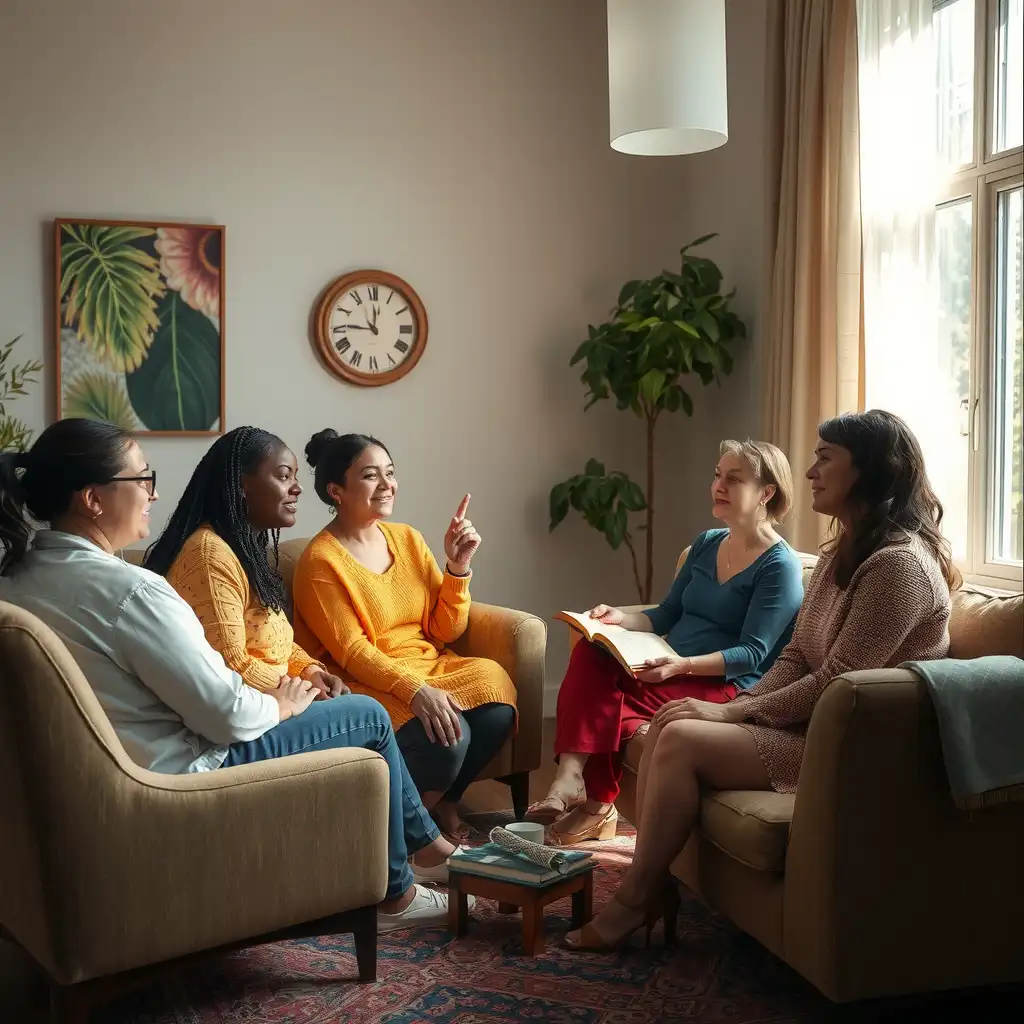 A diverse group of women engaging in a supportive discussion in a warmly lit room, surrounded by comforting seating and elements of hope and healing, conveying strength and community.