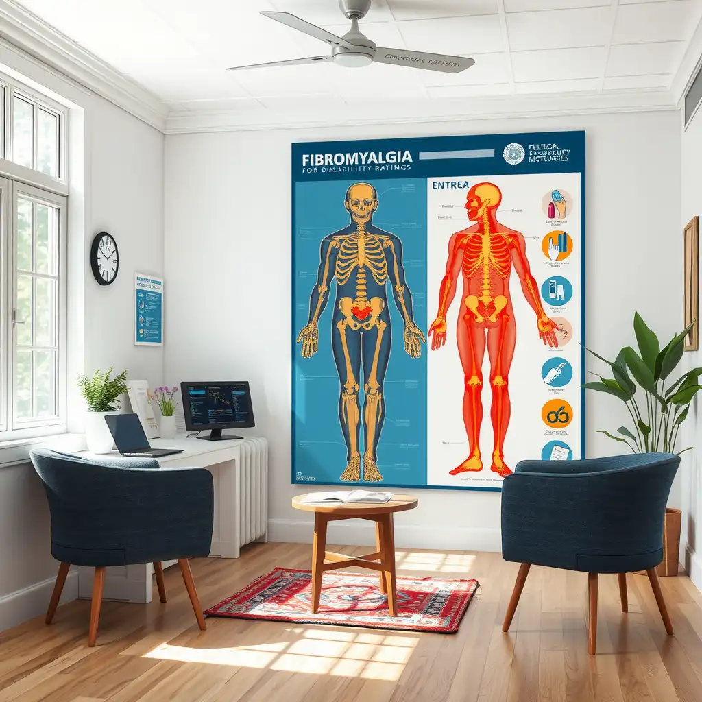 An inviting consultation room with a detailed anatomical chart highlighting fibromyalgia pain points, surrounded by patient resources and supportive imagery, conveying the complexities of VA disability ratings for fibromyalgia.