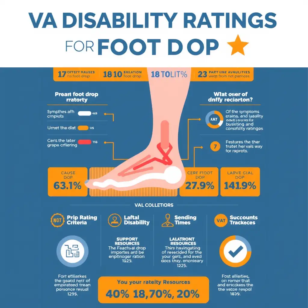 Infographic illustrating VA Disability Ratings for Foot Drop, featuring key information on symptoms, causes, rating criteria, and support resources in a clear and professional design with bold colors and easy-to-read text.