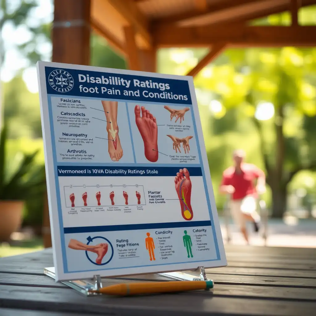 Infographic illustrating foot conditions related to VA disability ratings, featuring detailed diagrams of foot anatomy, common issues like plantar fasciitis and neuropathy, and a clear explanation of the VA rating scale and criteria.