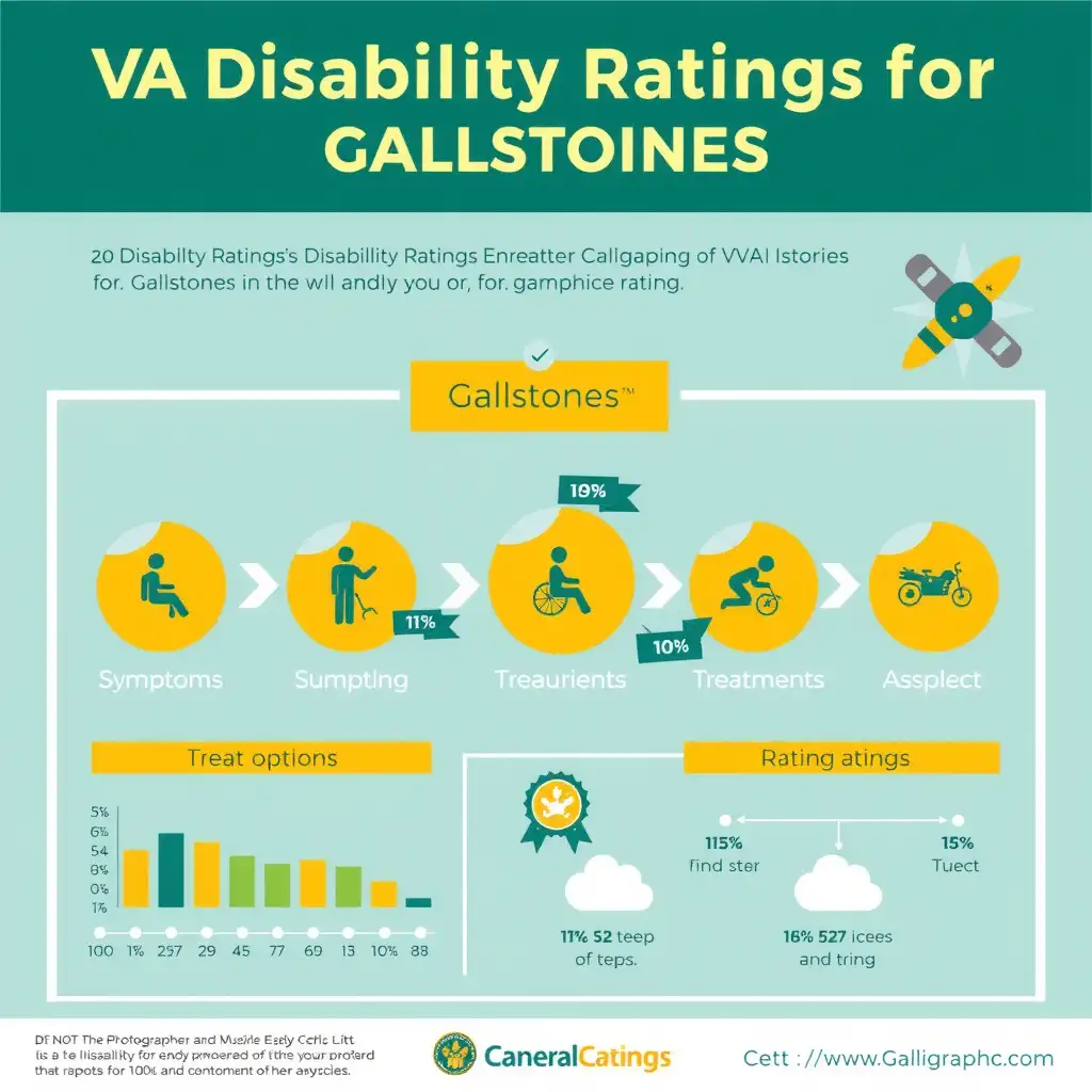 Infographic illustrating VA disability ratings for gallstones, featuring charts, icons, and a modern design that highlights symptoms, treatment options, and rating percentages in a clear and engaging layout.