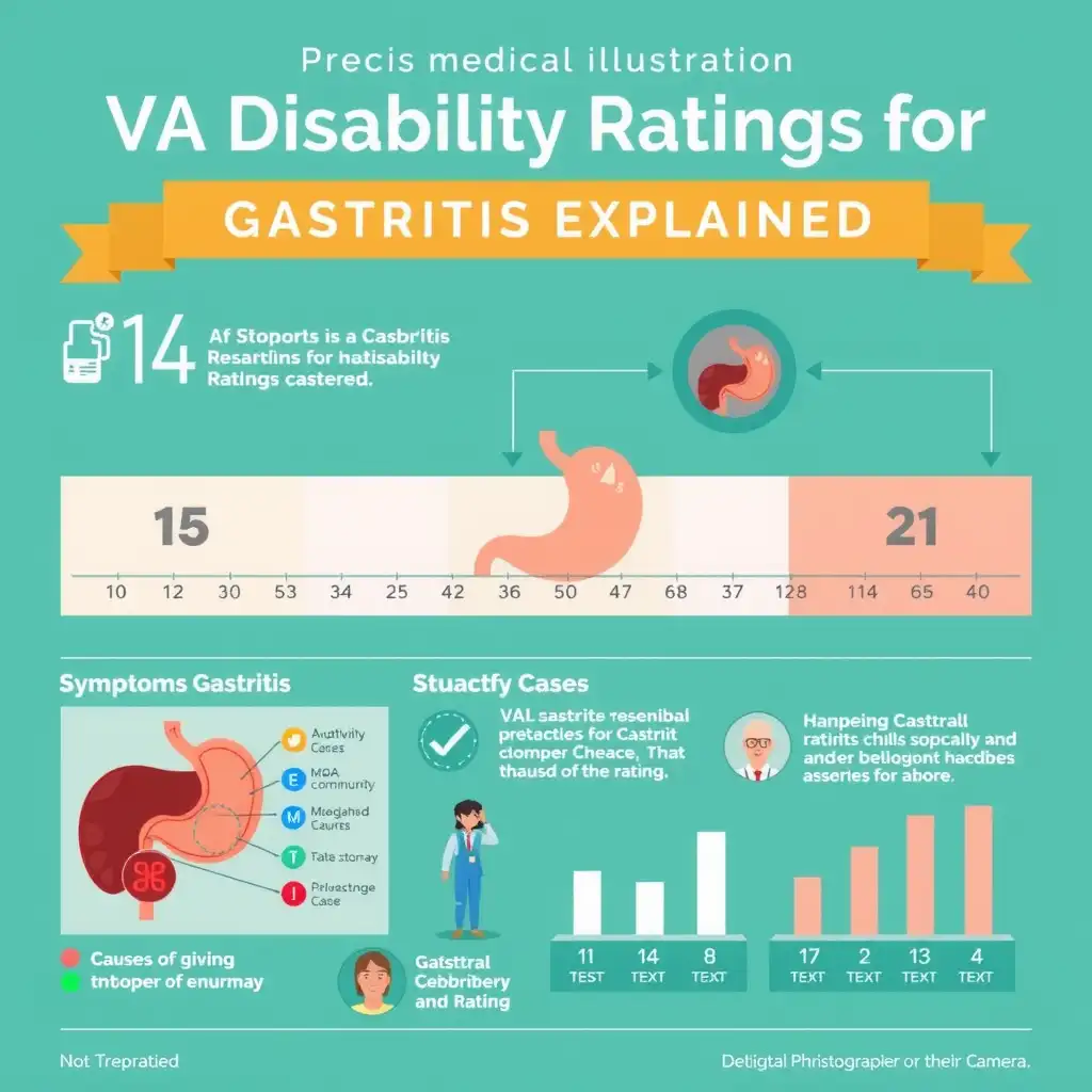 Detailed infographic illustrating VA disability ratings for gastritis, featuring anatomical illustrations of the stomach, key symptoms and causes, and a clear representation of the rating process with charts and graphs. The design uses a professional color palette for clarity and authority.