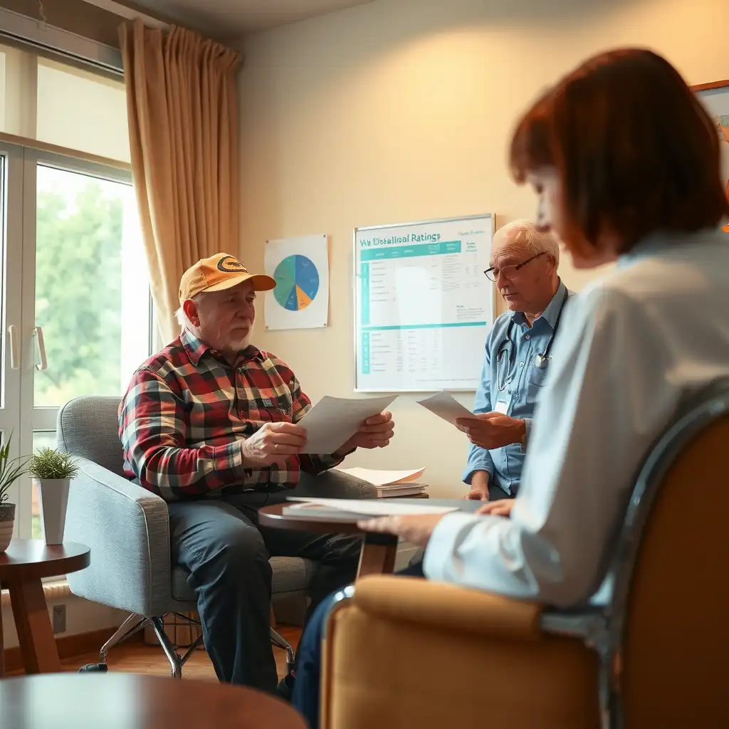 A cozy office scene depicting a veteran and a healthcare professional engaged in a discussion about VA Disability Ratings for GERD, with informative charts and pamphlets visible in the background. The atmosphere is warm and supportive, emphasizing clarity and empowerment in health management.