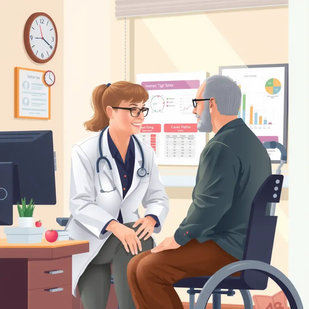 A compassionate healthcare professional discussing glaucoma with a veteran patient in a bright, welcoming medical consultation setting, featuring charts and diagrams related to VA disability ratings. The environment conveys trust and understanding with a soothing color palette.