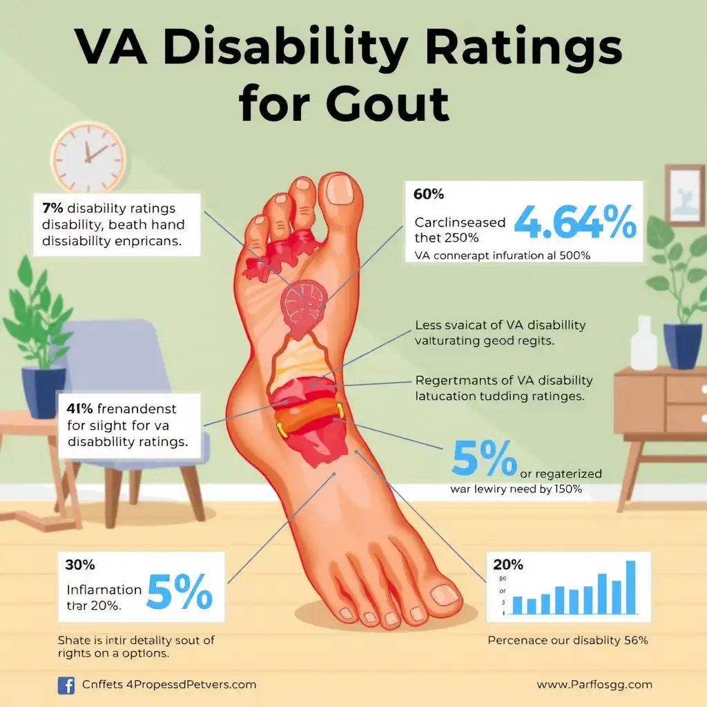 Illustration depicting a human foot with gout, highlighting inflammation and pain points, accompanied by annotations on VA disability ratings and charts illustrating disability percentages, all presented in soothing earthy tones.