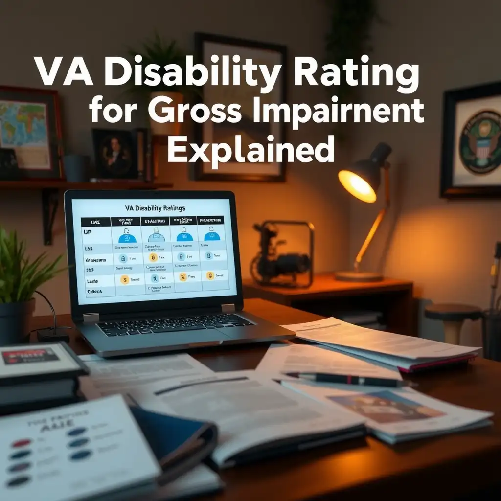 An organized office space featuring documents, charts, and a laptop displaying VA rating scales, with warm lighting and symbols of resilience, such as a framed photo of a veteran and military insignia on the wall.