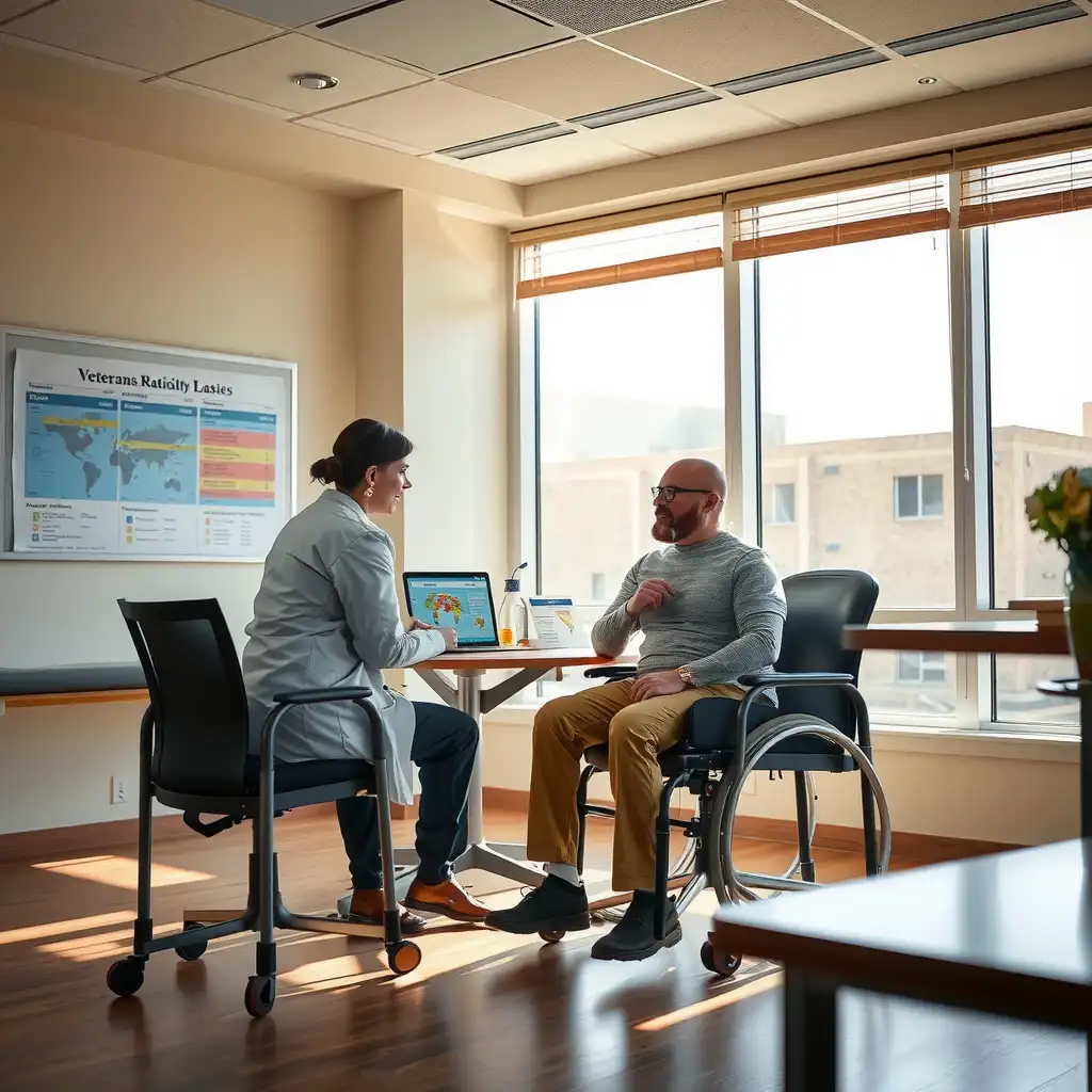 A compassionate healthcare professional discusses VA Disability Ratings with a veteran patient in a bright consultation room, featuring informative charts and infographics on the walls. The scene conveys warmth, support, and clarity in navigating disability options.