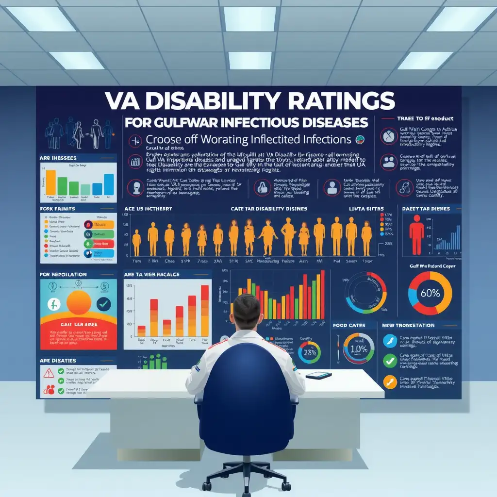 Infographic illustrating VA disability ratings for Gulf War infectious diseases, featuring charts, diagrams, and icons that highlight key diseases, symptoms, and rating systems in a professional and engaging layout.