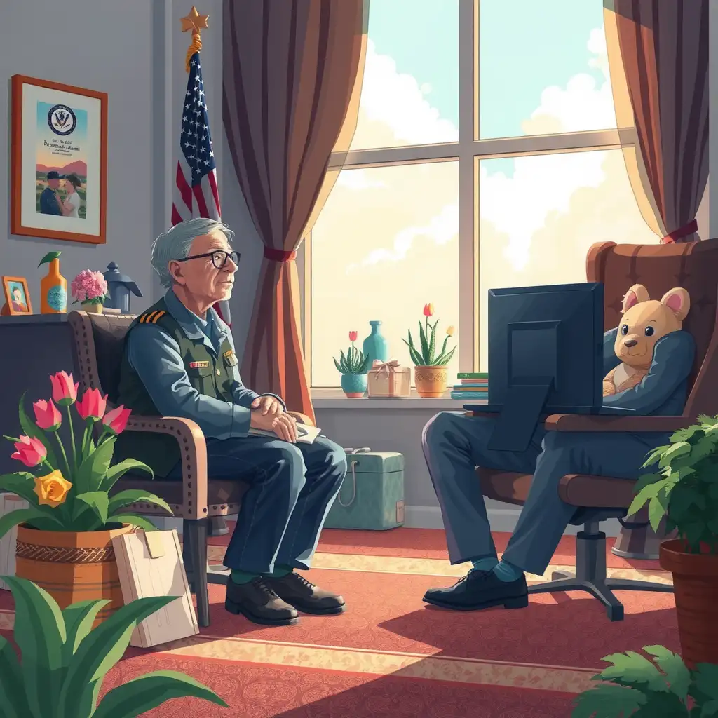 An illustration depicting a veteran in a supportive conversation with a VA representative, surrounded by symbols of hope and healing, conveying resilience and advocacy for Gulf War Syndrome awareness.