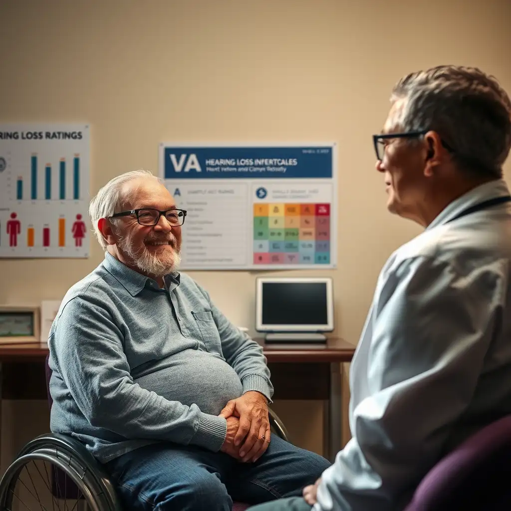 A healthcare professional discusses hearing loss ratings with a veteran in a calm, supportive consultation room. Infographics on the wall provide visual context, while warm lighting enhances the compassionate atmosphere.