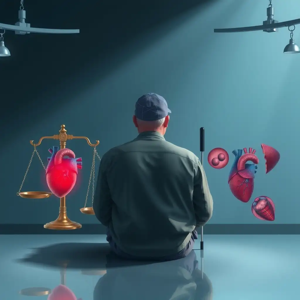 An illustration depicting a veteran in a contemplative pose, surrounded by symbolic elements like a balanced scale and anatomical heart illustrations, using a calming blue and striking red color palette to convey themes of health, urgency, hope, and resilience in understanding VA disability ratings for heart attacks.