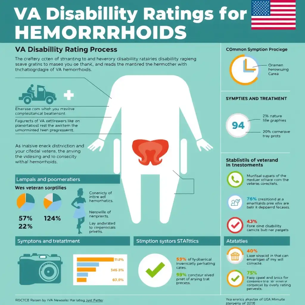 Infographic detailing VA disability ratings for hemorrhoids, featuring sections on the rating process, symptoms, treatments, and veteran statistics, with clean graphics and a professional design.