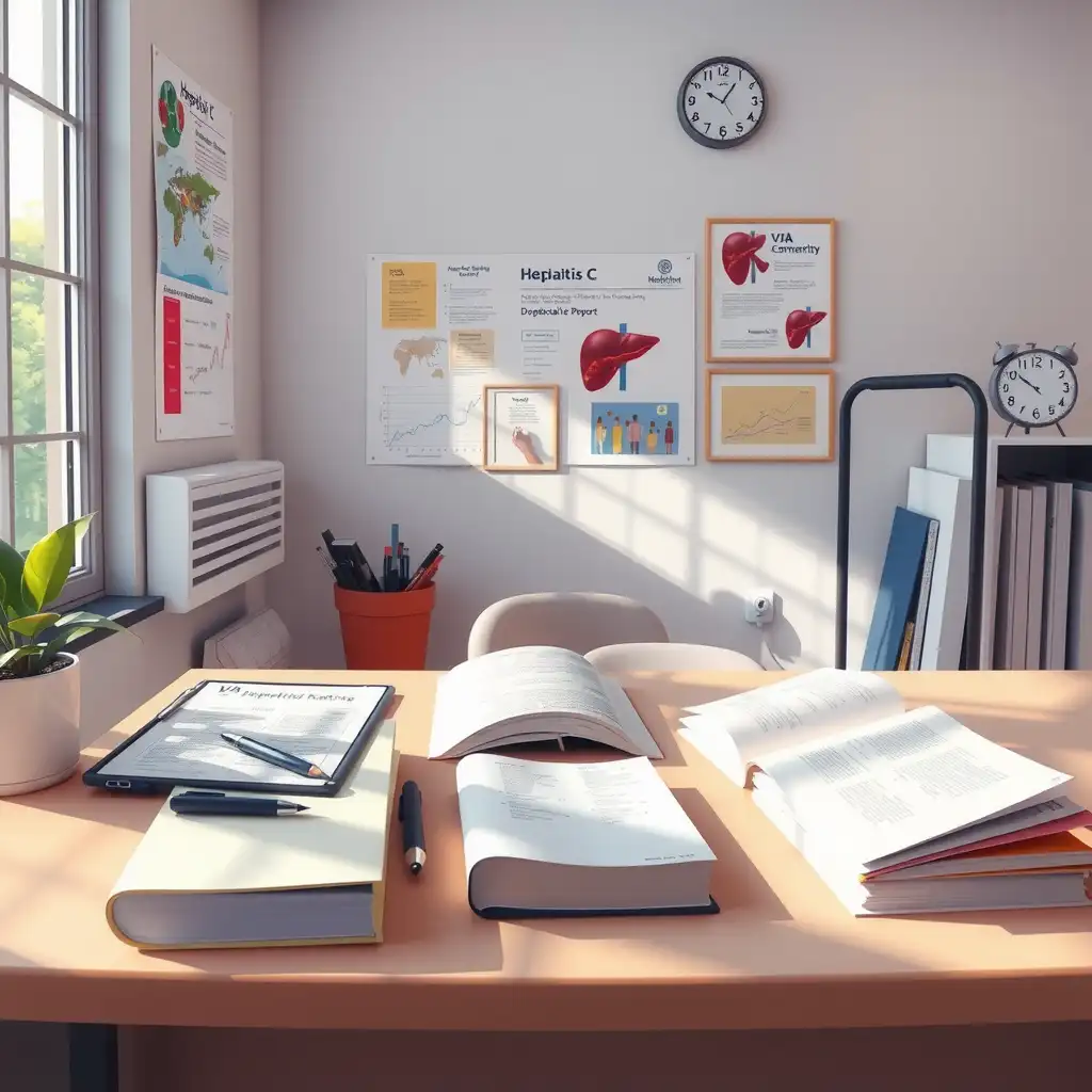 A well-organized workspace featuring medical books and charts about hepatitis C and VA disability ratings, with illustrations of healthy livers and supportive community imagery, conveying a sense of hope and empowerment for veterans.