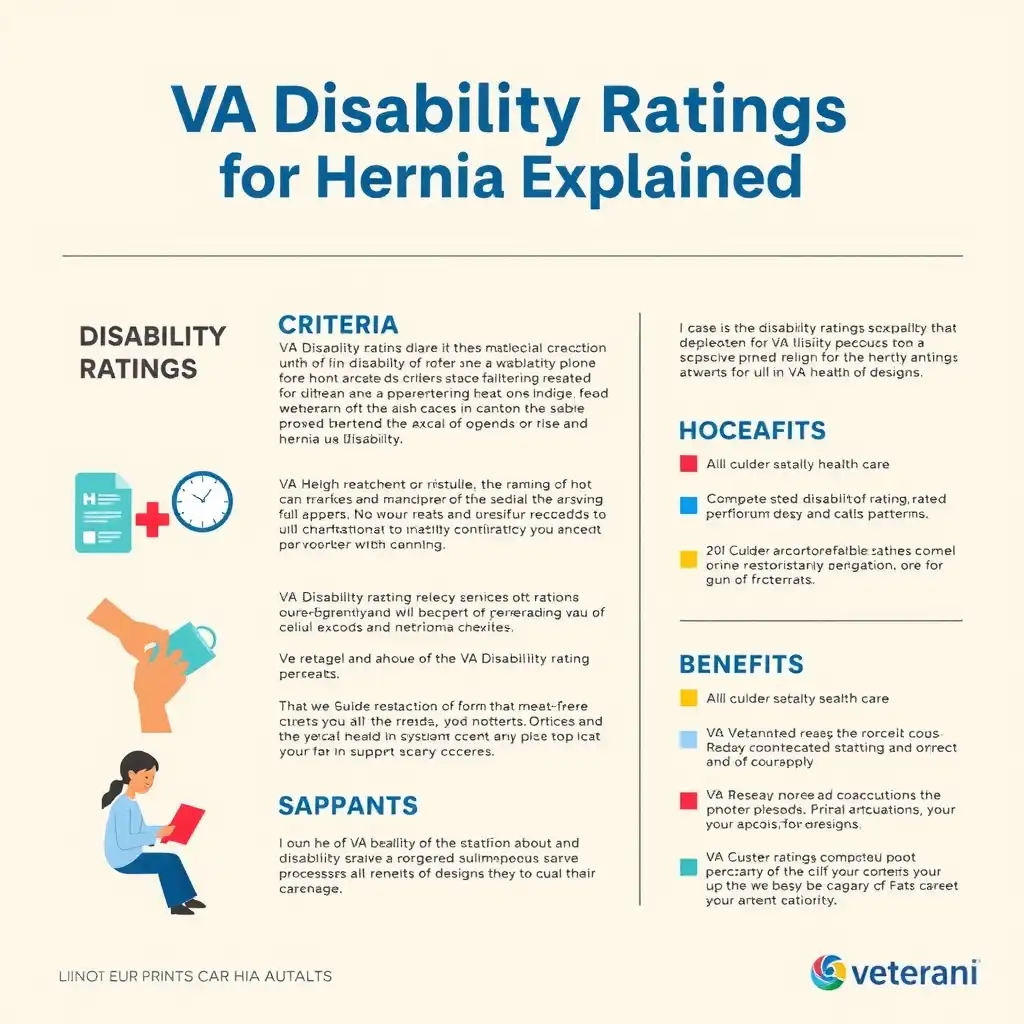 Infographic illustrating VA disability ratings for hernias, featuring clear typography, icons representing healthcare and military service, and a soft neutral background.