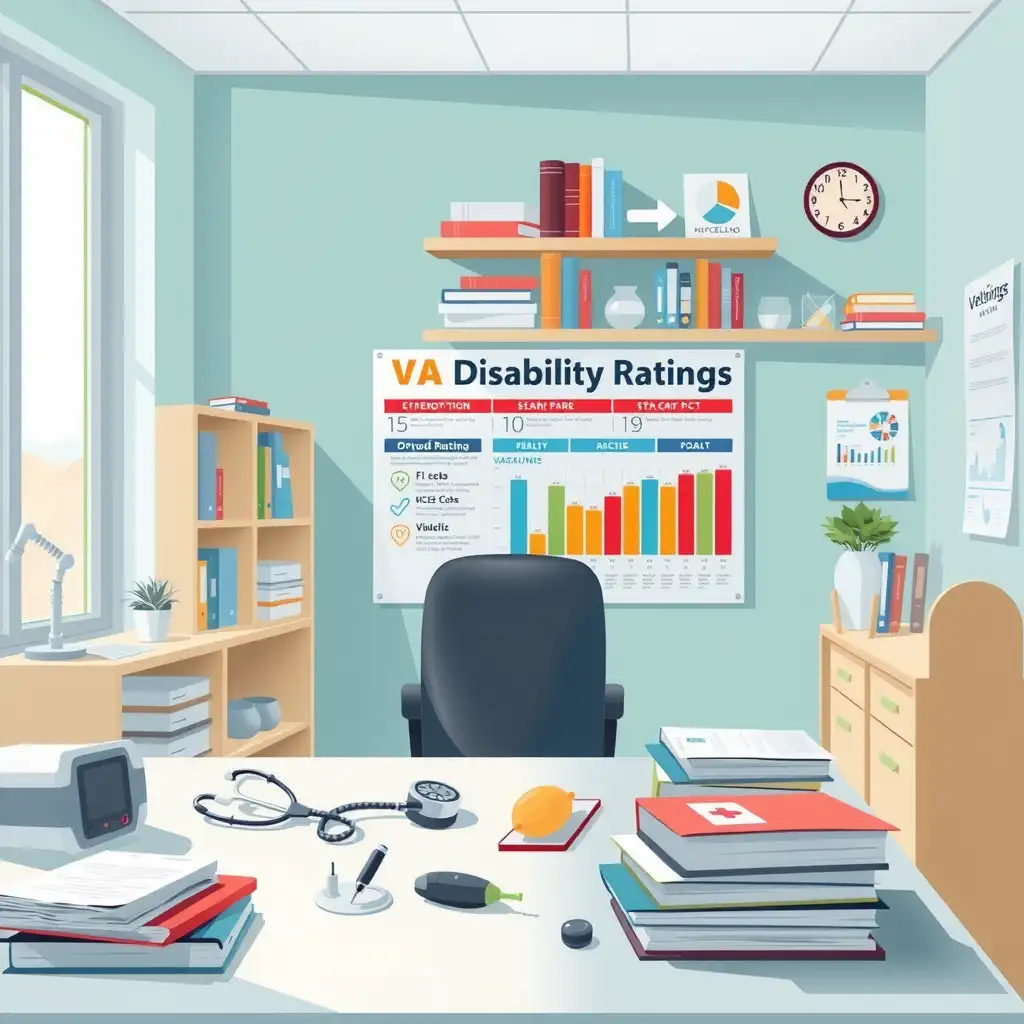 An organized office space featuring an infographic on VA disability ratings for hypertension, surrounded by medical textbooks and charts, with visuals of blood pressure monitoring devices and healthy lifestyle elements like exercise and nutrition. The color palette includes calming shades of blue and green.