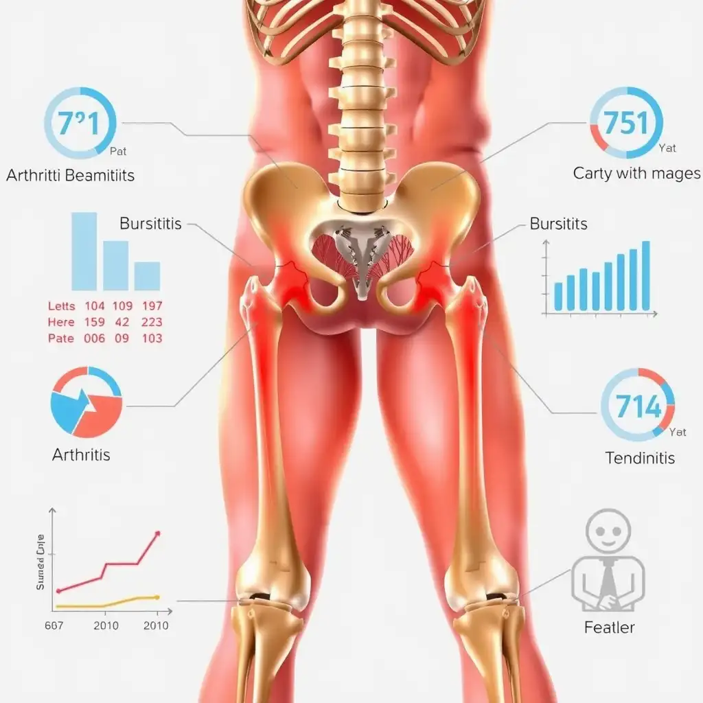 Illustration of a human figure displaying highlighted anatomical features of the hip region, with indications of conditions such as arthritis, bursitis, and tendinitis. Background elements include charts representing VA disability ratings in a clean and professional design.