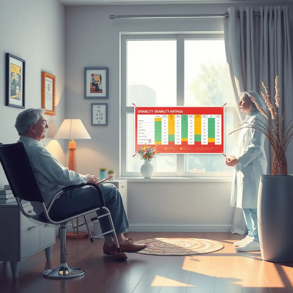 A serene consultation room featuring a detailed chart on VA disability ratings for Hodgkin’s lymphoma, accompanied by medical documents and imagery symbolizing hope and resilience for veterans. The scene is softly lit, creating a calming atmosphere that conveys understanding and empowerment in the health journey.