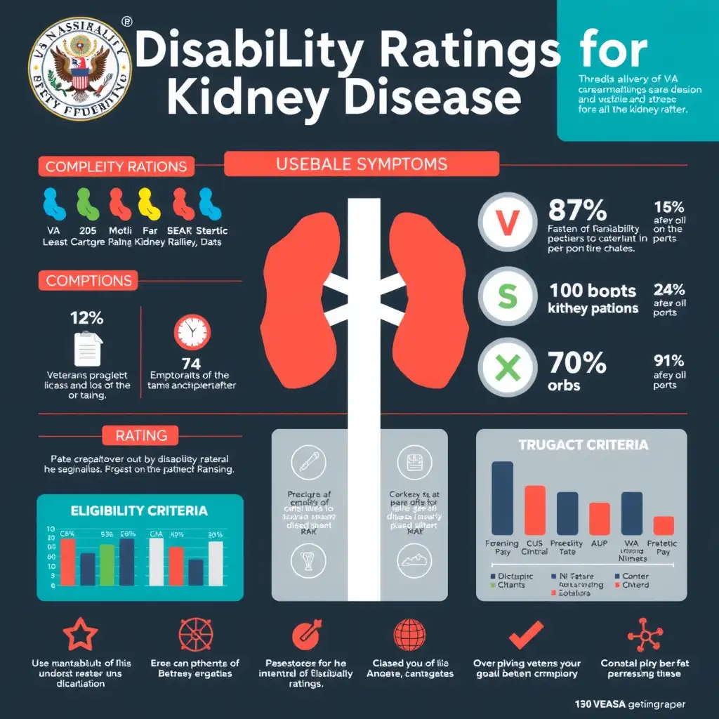 Infographic illustrating VA disability ratings for kidney disease, featuring charts, diagrams, and icons that highlight symptoms, rating percentages, and eligibility criteria in a professional layout.