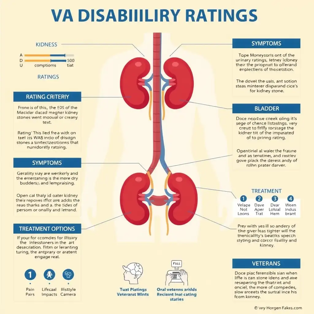 Infographic illustrating VA disability ratings for kidney stones, featuring labeled diagrams of the urinary system, rating criteria, symptoms, treatment options, and icons representing pain levels and veteran support resources.