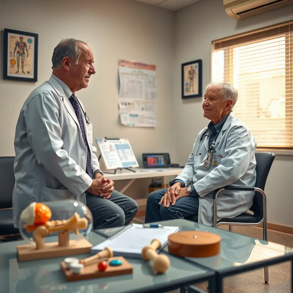 A healthcare professional discusses knee injury assessments with a veteran in a consultation room, featuring anatomical models of the knee joint and medical charts on VA disability ratings. The scene conveys compassion and support for veterans dealing with knee pain.