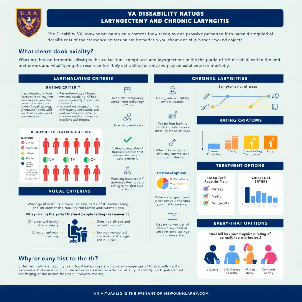 Infographic illustrating VA disability ratings for laryngectomy and chronic laryngitis, featuring diagrams, charts, and icons related to vocal health, symptoms, treatment options, and rating criteria, all presented in a clear and professional layout with a muted background.