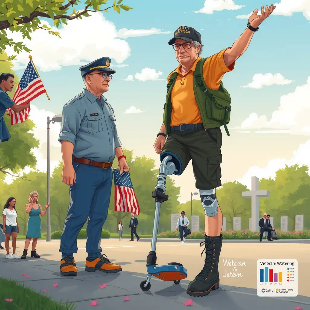 Illustration of a veteran with a leg amputation in a supportive outdoor setting, surrounded by family and fellow veterans, symbolizing strength and resilience. Visual elements represent the VA's disability rating system, conveying determination and adaptability.