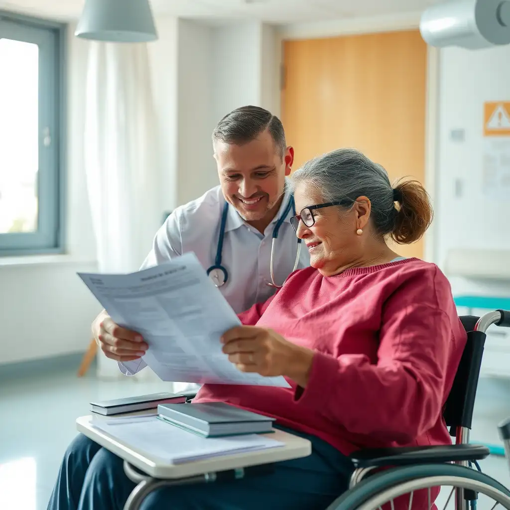 A healthcare professional engages with a patient in a bright, supportive environment, highlighting the importance of understanding VA disability ratings for leukemia. The scene conveys themes of resilience and empowerment through compassionate care and informative discussions.