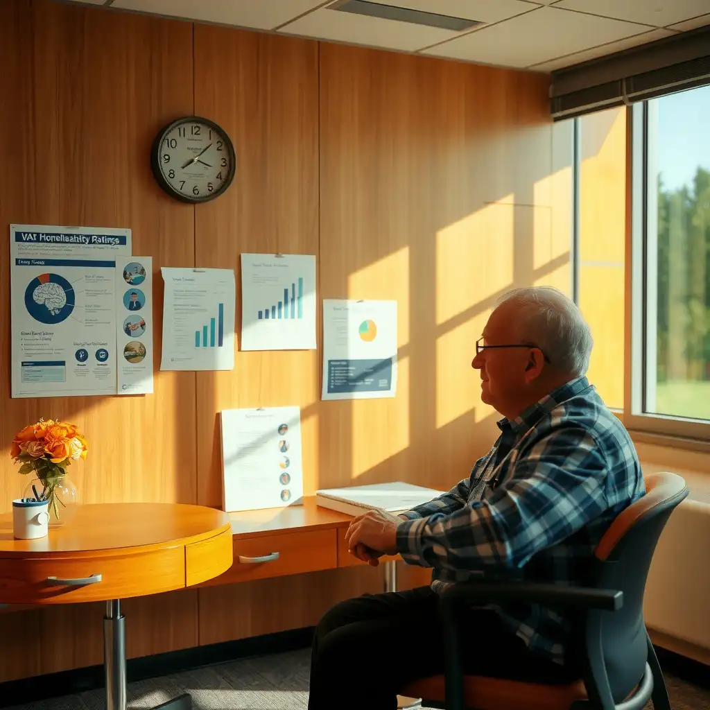 A compassionate healthcare provider discusses Lewy body dementia with a thoughtful veteran in a tranquil consultation room, surrounded by informative charts and resources. The setting features warm wood tones and calming colors, illuminated by soft, natural light.