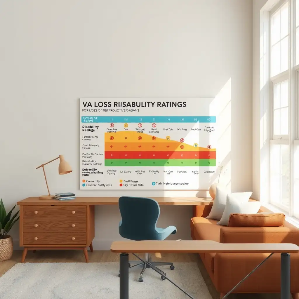 An informative infographic illustrating VA disability ratings for loss of reproductive organs, set in a calm study environment with soothing colors and symbols representing reproductive health.