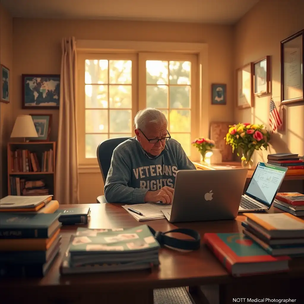 A cozy home office scene featuring a veteran at a desk surrounded by documents and resources about VA disability ratings, with warm lighting, supportive books, and personal artifacts illustrating resilience and hope.