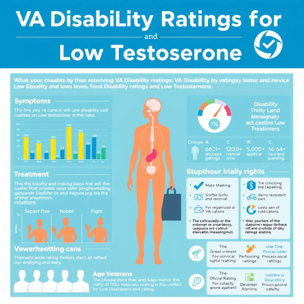 Infographic illustrating VA disability ratings for low testosterone, featuring charts, diagrams of the male endocrine system, and icons representing symptoms and treatments in a professional color palette of blues, greens, and grays.