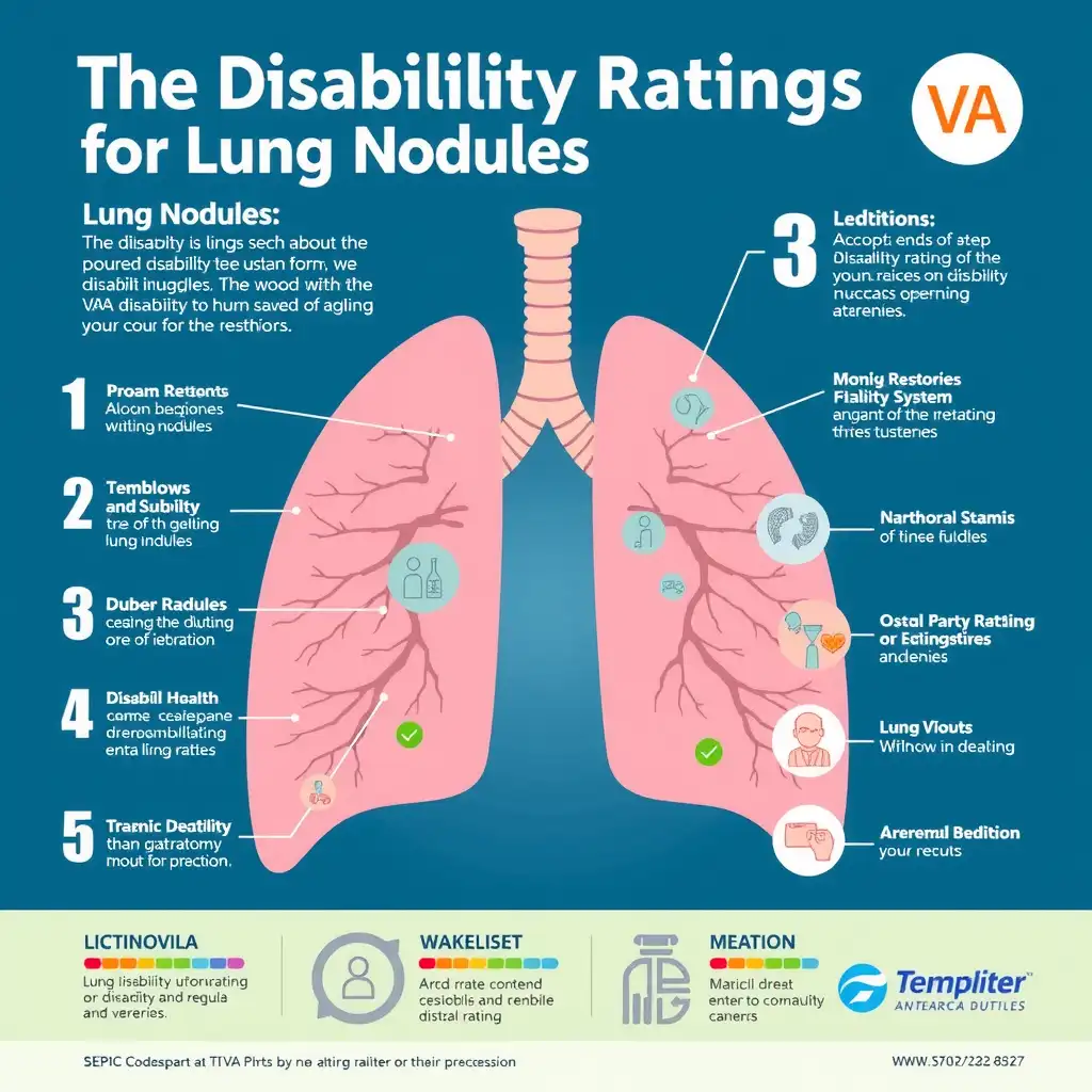 Anatomically accurate illustration of human lungs displaying lung nodules, with clear labels and annotations. The image features a soft color palette of blue, green, and gray, incorporating elements related to the VA disability rating system, such as scales and health icons, aimed at educating viewers about lung health.