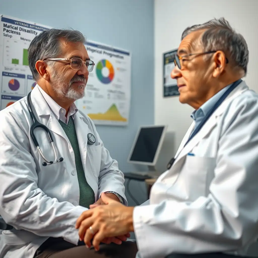 A doctor and veteran engaged in a discussion in a modern consultation room, with educational materials about macular degeneration and disability ratings visible on the walls. Both individuals display expressions of understanding and support.