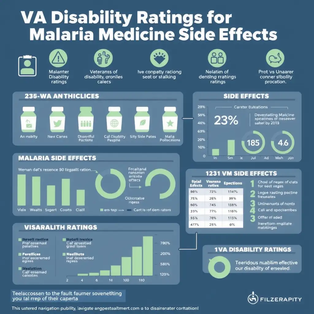 Infographic illustrating VA disability ratings for malaria medication side effects, featuring charts, statistics, and icons in a muted blue and green color palette, designed for clarity and support for veterans.