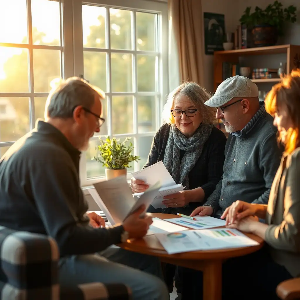 A diverse group of veterans engaged in a discussion about Meniere’s disease, surrounded by documents and resources in a cozy setting, conveying a sense of community and empowerment.