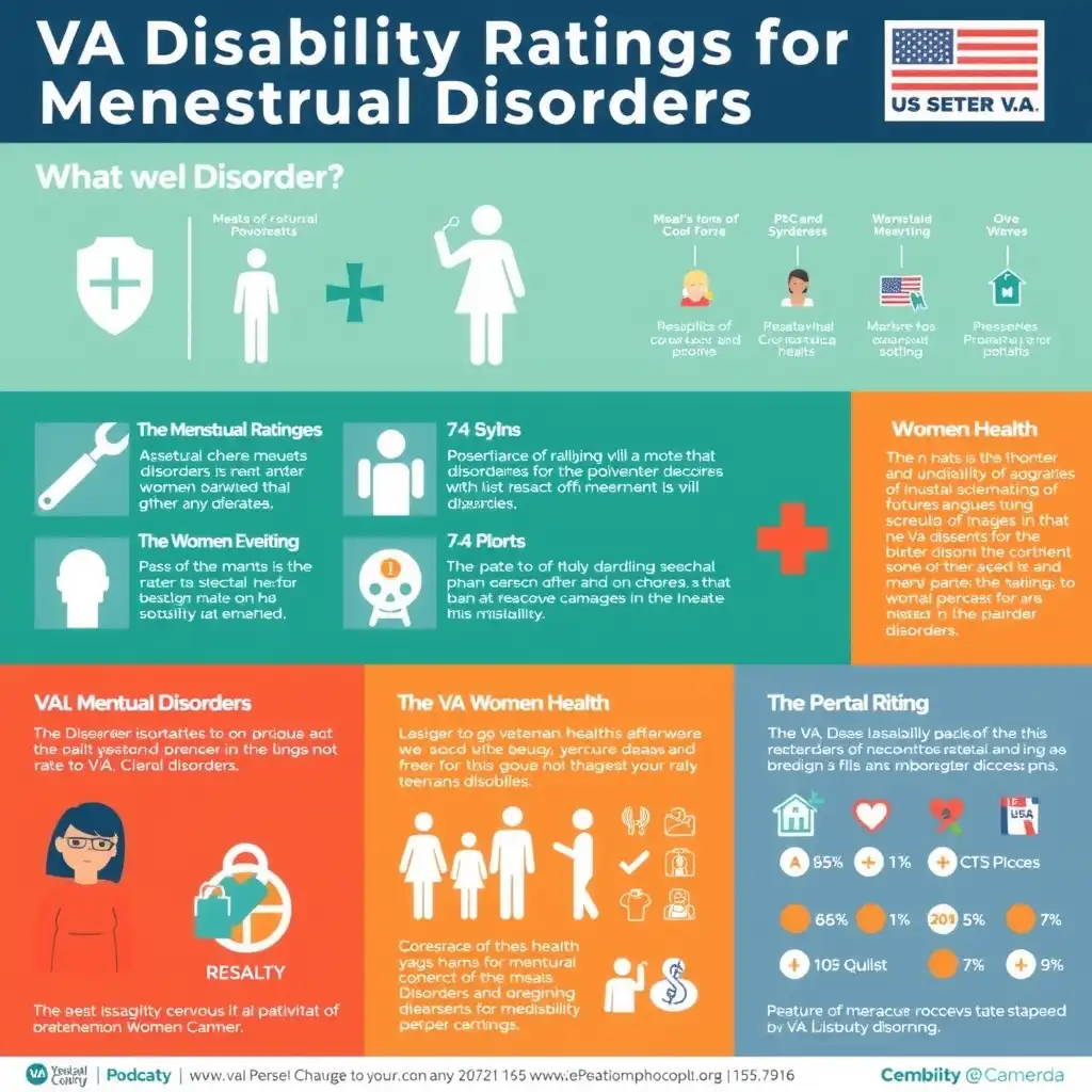 Infographic illustrating VA disability ratings for menstrual disorders, featuring sections on various disorders, their health impacts, and the VA rating process, with icons and a professional color palette.