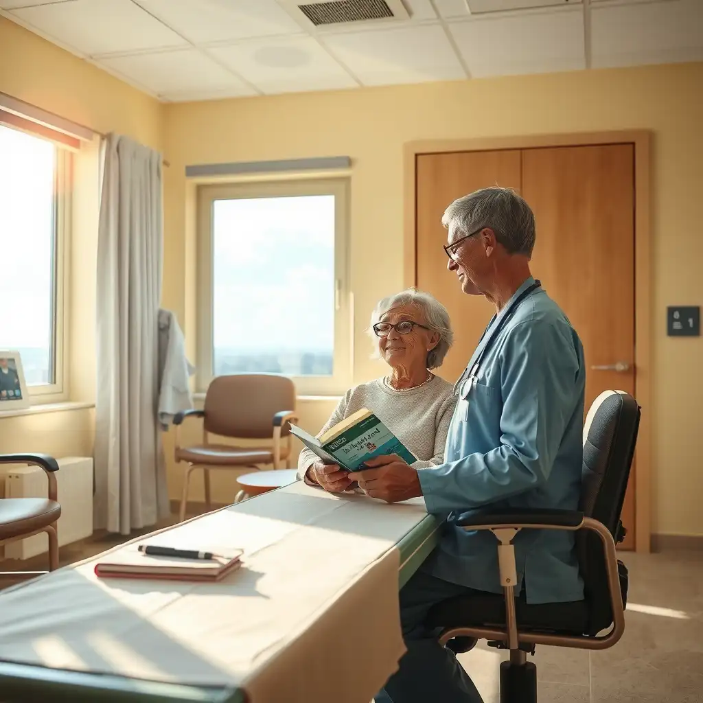 A compassionate healthcare professional discussing VA disability ratings for mesothelioma with a patient in a serene consultation room, featuring informative brochures and a comforting examination table.