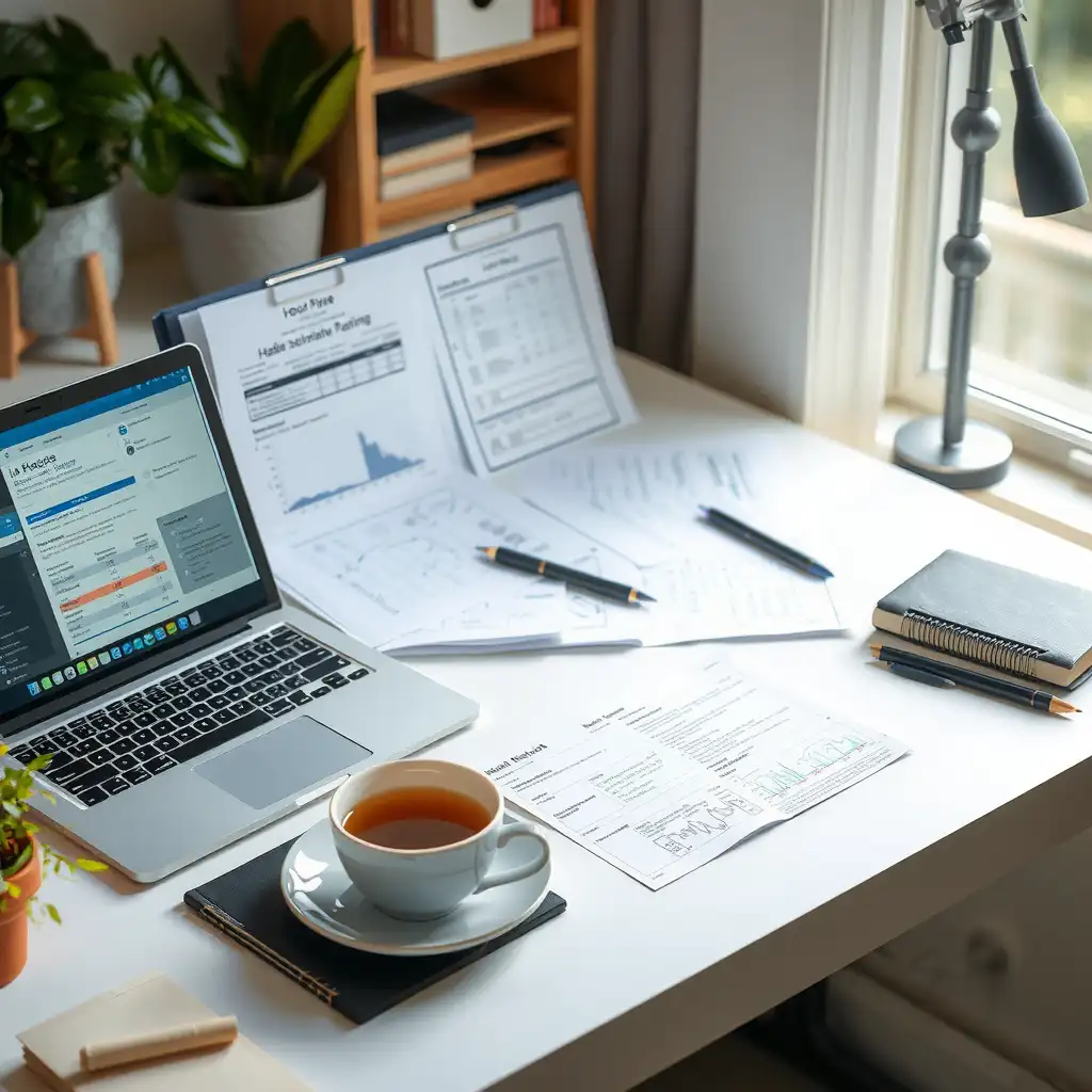 A serene workspace featuring a well-organized desk with medical charts, a laptop displaying data, and a cup of herbal tea, all illuminated by soft natural light.