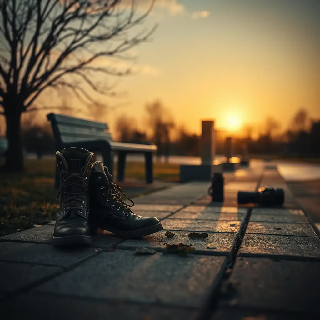 A serene outdoor memorial scene captures the essence of reflection and healing, featuring worn boots beside a bench, gentle mist rising from the ground, and nature reclaiming its space, all bathed in warm hues of sunset.