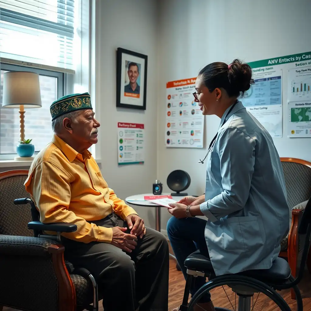 A veteran discussing VA Disability Ratings for Multiple Sclerosis with a healthcare provider in a welcoming consultation room, surrounded by educational materials and visual aids.