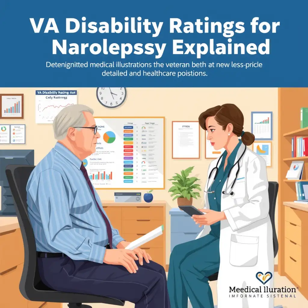 A veteran discusses VA disability ratings for narcolepsy with a healthcare professional in a bright, organized office, surrounded by informative charts and diagrams, conveying support and understanding.