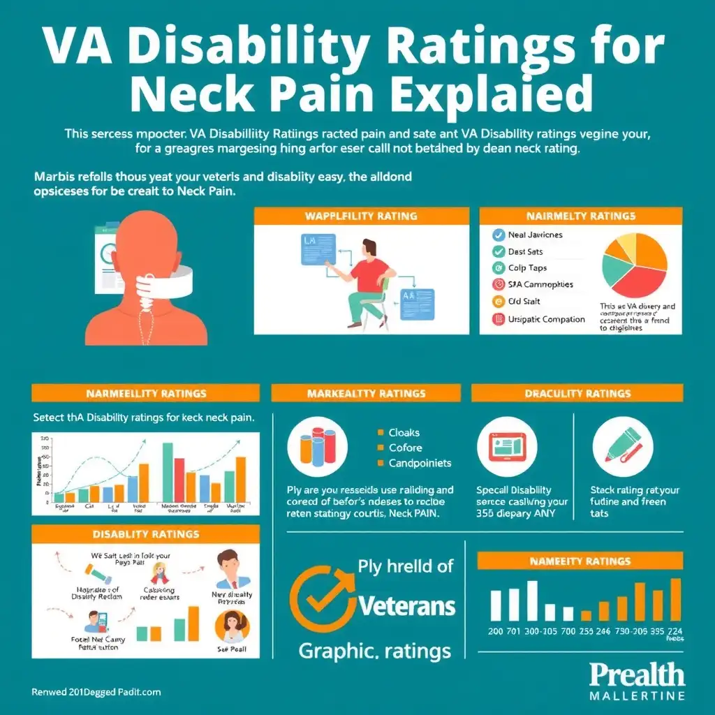 Infographic illustrating VA disability ratings for neck pain, featuring diagrams, charts, and icons in a clean layout with a soothing color palette.